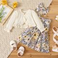 3pcs Baby Girl Allover Floral & Leopard Print Tank Dress and Textured Ruffle Trim Long-sleeve Cardigan with Headband Set Apricot image 1