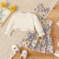 3pcs Baby Girl Allover Floral & Leopard Print Tank Dress and Textured Ruffle Trim Long-sleeve Cardigan with Headband Set Apricot image 2