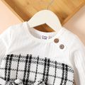Baby Girl Rib Knit Spliced Plaid Tweed Belted Long-sleeve Dress White image 3