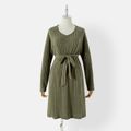 Mommy and Me Green Rib Knit Belted Long-sleeve Dress Green
