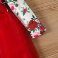 Baby Girl Allover Rose Floral Print Long-sleeve Spliced Bow Front Mesh Dress Red-2