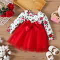 Baby Girl Allover Rose Floral Print Long-sleeve Spliced Bow Front Mesh Dress Red-2 image 1