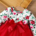Baby Girl Allover Rose Floral Print Long-sleeve Spliced Bow Front Mesh Dress Red-2