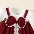 Baby Girl 2pcs Faux-two Bow and Lace Decor Mesh Layered Long-sleeve Burgundy Dress with Headband Set Burgundy