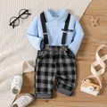 2pcs Baby Boy 95% Cotton Long-sleeve Polo Shirt and Plaid Overalls Set Blue image 1