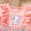 Baby Girl 95% Cotton Long-sleeve Elephant Print Ruffle Trim Spliced Glitter Polka Dots Mesh Dress Pink image 4