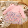 Baby Girl 95% Cotton Long-sleeve Elephant Print Ruffle Trim Spliced Glitter Polka Dots Mesh Dress Pink image 2