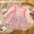 Baby Girl 95% Cotton Long-sleeve Elephant Print Ruffle Trim Spliced Glitter Polka Dots Mesh Dress Pink