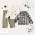 3-Pack Baby Boy Cotton Pants and Long-sleeve Button Front Sweater Cardigan with Plaid Shirt Set ColorBlock image 2