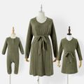 Mommy and Me Green Rib Knit Belted Long-sleeve Dress Green image 1