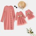 Mommy and Me Long-sleeve Button Front Pink Rib Knit Bodycon Dress incarnadinepink