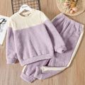 2pcs Kid Girl Colorblock Textured Fleece Sweatshirt and Elasticized Pants Set PurpleSage image 1