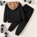 2pcs Kid Boy Geo Bag Print Colorblock Hoodie Sweatshirt and Pants Set Black