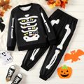 2pcs Kid Boy Halloween Luminous Skeleton Print Black Pullover Sweatshirt and Pants Set Black image 2