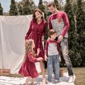 Family Matching 95% Cotton Striped Spliced T-shirts and Solid Surplice Neck Long-sleeve Dresses Sets Deep Magenta