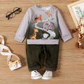 2pcs Baby Boy Animal Print Long-sleeve Sweatshirt and Solid Ribbed Pants Set blackishgreen