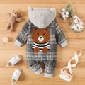Baby Boy/Girl Thickened Polar Fleece Lined Fuzzy Hooded Spliced Bear Embroidered Plaid Long-sleeve Jumpsuit Grey image 5