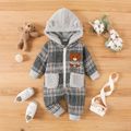 Baby Boy/Girl Thickened Polar Fleece Lined Fuzzy Hooded Spliced Bear Embroidered Plaid Long-sleeve Jumpsuit Grey image 1