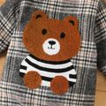 Baby Boy/Girl Thickened Polar Fleece Lined Fuzzy Hooded Spliced Bear Embroidered Plaid Long-sleeve Jumpsuit Grey image 4