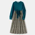 Solid Textured Spliced Floral Print Corduroy Belted Long-sleeve Dress for Mom and Me DeepTurquoise image 2