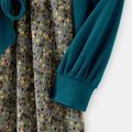 Solid Textured Spliced Floral Print Corduroy Belted Long-sleeve Dress for Mom and Me DeepTurquoise image 5