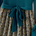 Solid Textured Spliced Floral Print Corduroy Belted Long-sleeve Dress for Mom and Me DeepTurquoise image 4