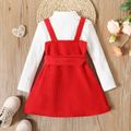 2pcs Toddler Girl Mock Neck Textured White Tee and Button Design Belted Red Overall Dress Set REDWHITE image 2