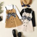2-piece Toddler Girl Solid Long-sleeve Top and Double Breasted Dress Set Khaki