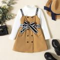 2-piece Toddler Girl Solid Long-sleeve Top and Double Breasted Dress Set Khaki