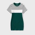 Family Matching Striped Colorblock Spliced Rib Knit Short-sleeve Bodycon Dresses and Tops Sets greenwhite