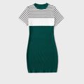 Family Matching Striped Colorblock Spliced Rib Knit Short-sleeve Bodycon Dresses and Tops Sets greenwhite
