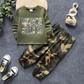2pcs Toddler Boy Letter Print Pullover Sweatshirt and Camouflage Print Pants Set Army green image 1