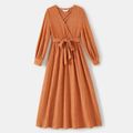 Family Matching Long-sleeve Solid Rib Knit Belted Midi Dresses and Button Up Plaid Shirts Sets Orange image 2