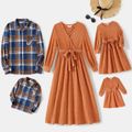 Family Matching Long-sleeve Solid Rib Knit Belted Midi Dresses and Button Up Plaid Shirts Sets Orange image 1