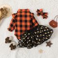 Halloween 3pcs Baby Girl 100% Cotton Long-sleeve Plaid Romper and Bow Front Polka Dot Mesh Skirt with Headband Set Black