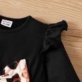 2pcs Baby Girl Bow Front Ruffle Trim Long-sleeve Top and Leopard Print Leggings Set Black image 4
