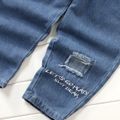 2pcs Toddler Boy Trendy Faux-two Vest Design Letter Print Long-sleeve Shirt and Ripped Denim Jeans Set Color block