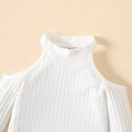 3pcs Baby Girl Rib Knit Halter Off Shoulder Long-sleeve Top and Plaid Paperbag Waist Pants Set White image 3