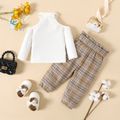 3pcs Baby Girl Rib Knit Halter Off Shoulder Long-sleeve Top and Plaid Paperbag Waist Pants Set White