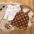 2pcs Baby Girl 95% Cotton Long-sleeve Ruffle Collar Top and Polka Dot Print Overall Dress Set Brown image 3