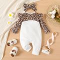 2pcs Baby Girl Leopard Print Spliced Fleece Cat Embroidered Long-sleeve Jumpsuit with Headband Set Beige image 2