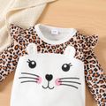 2pcs Baby Girl Leopard Print Spliced Fleece Cat Embroidered Long-sleeve Jumpsuit with Headband Set Beige