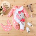 2pcs Baby Girl 95% Cotton Long-sleeve Polka Dot & Elephant Print Spliced Jumpsuit with Bib Set Pink image 1