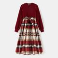 Family Matching Solid Ribbed Spliced Plaid Belted Dresses and Long-sleeve Button Up Shirts Sets MAROON