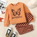 2pcs Kid Girl Butterfly Letter Print Sweatshirt and Houndstooth Pants Set Khaki