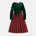 Family Matching Velvet Spliced Red Plaid Dresses and Long-sleeve Button Up Shirts Sets Green image 2