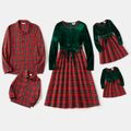 Family Matching Velvet Spliced Red Plaid Dresses and Long-sleeve Button Up Shirts Sets Green image 1