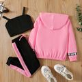 3pcs Kid Girl Black Camisole & Letter Print Hooded Jacket and Colorblock Pants Set Pink image 2