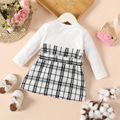 Baby Girl Rib Knit Spliced Plaid Tweed Belted Long-sleeve Dress White image 2