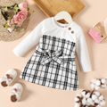 Baby Girl Rib Knit Spliced Plaid Tweed Belted Long-sleeve Dress White image 1